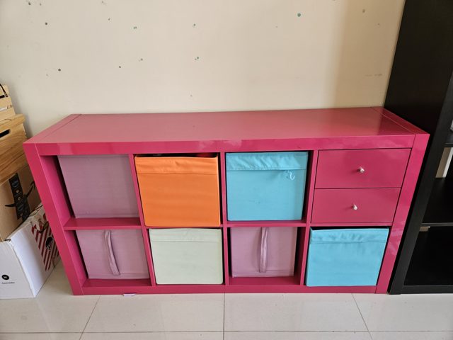 Kallax bookshelf, pink + containers and drawers