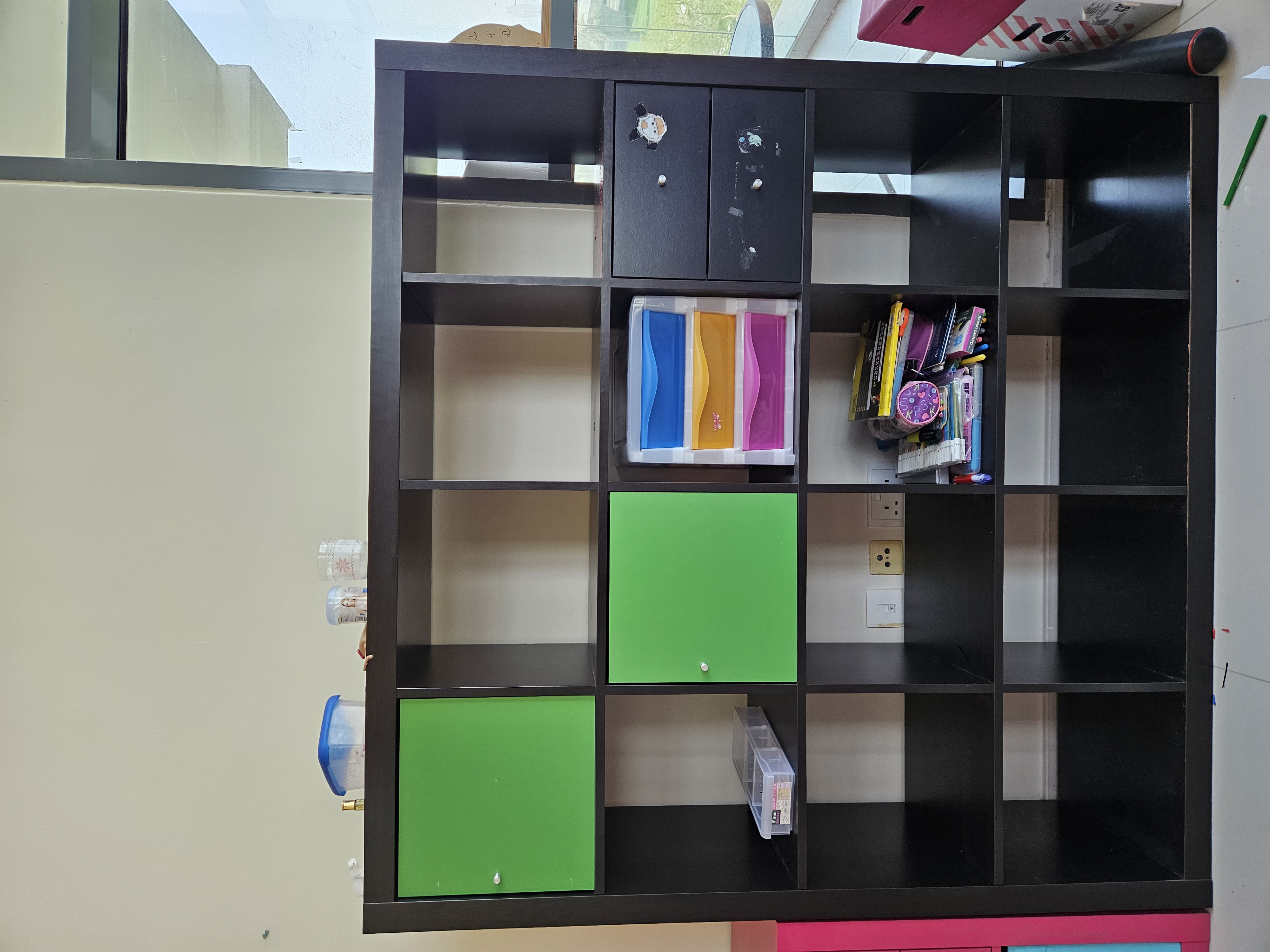 Kallax bookshelf, black + door inserts and drawers
