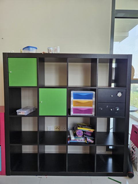 Kallax bookshelf, black + door inserts and drawers